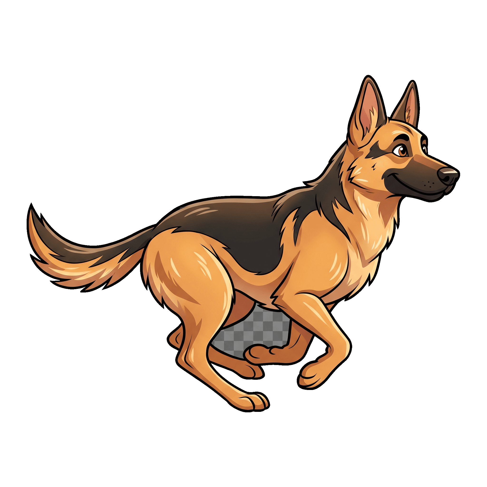 Drako, an athletic cartoon German Shepherd, mid-sprint.