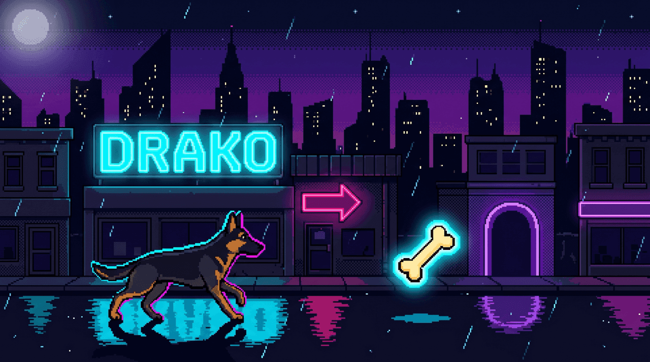 Drako — a black-and-tan German Shepherd sprints through neon-lit pixel-art city streets, dodging obstacles and collecting glowing bones.